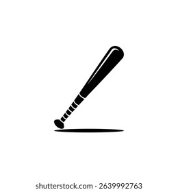 This illustration shows a black silhouette of a baseball bat resting on a white surface, with a small shadow behind the bat. Great for graphic design.