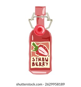 This illustration shows a bottle of strawberry lemonade with a swing top cap and a bold label. The vivid red and pink tones evoke freshness and fruity flavor, while the clean white background makes it
