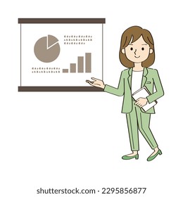 This illustration shows a businesswoman giving a presentation or training using a screen.