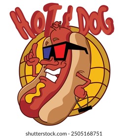 This illustration shows a cheerful hot dog cartoon character wearing 3D glasses and giving a thumbs-up. Behind it is a yellow globe-like circle with the text "HOT n DOG" in bold red letters above.