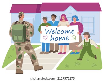 This illustration shows a close-knit famiy greeating a navy officer who came back from service with a “welcome home” banner