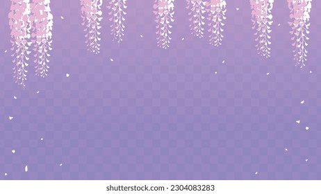 This illustration shows a cluster of wisteria flowers on a checkerboard purple gradient background.