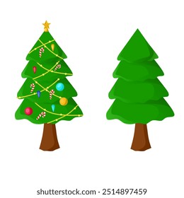 Esta ilustração mostra uma comparação entre um pinheiro natural e um pinheiro que foi decorado para as celebrações de Natal, que é decorado com ornamentos típicos, como canas de doces