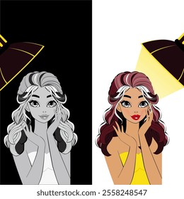 This illustration shows a contrast between black-and-white and colorful imagery. On the left, a grayscale woman is under dim light, while on the right, she's vibrant with color under a bright spotligh