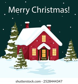 This illustration shows a cozy red house covered in snow with a glowing interior, surrounded by snow-covered pine trees under a dark starry sky. The text "Merry Christmas!" is written at the top.