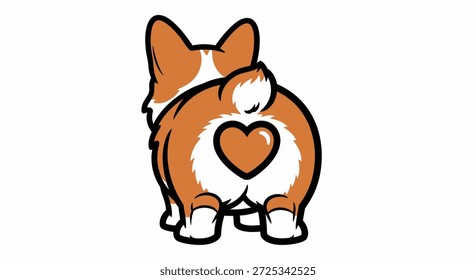 Diese Abbildung zeigt einen süßen Corgi-Welpen von hinten. Auf seiner Rückseite ist eine herzförmige Markierung angebracht, die die liebenswerte und liebenswerte Natur des Haustieres hervorhebt. Der Cartoonstil macht es