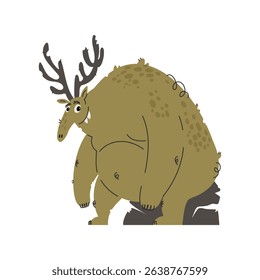 This illustration shows a cute, spotted monster with antlers. The character looks kind, friendly, and a bit clumsy standing on a rock. Great for kids products.