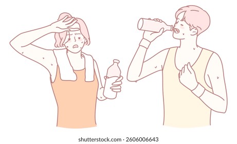 This illustration shows elements related to fitness hydration and exercise routines
