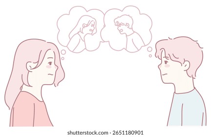 This illustration shows the emotional bond between two individuals, enhanced by expressive thought bubbles