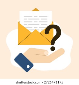 Esta ilustración muestra un sobre con una letra y un signo de interrogación, que simboliza un correo electrónico o consulta sin respuesta. Representa la Asistencia al cliente, los problemas de comunicación y las solicitudes de información. pregunta. signo de interrogación. pregunta. resuelve un problema.