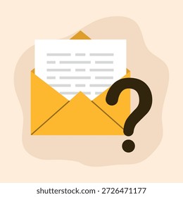 Esta ilustración muestra un sobre con una letra y un signo de interrogación, que simboliza un correo electrónico o consulta sin respuesta. Representa la Asistencia al cliente, los problemas de comunicación y las solicitudes de información. pregunta. signo de interrogación. pregunta. resuelve un problema.