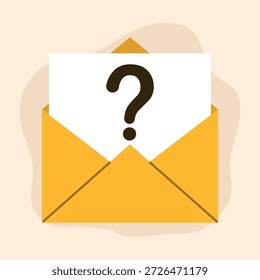 Esta ilustración muestra un sobre con una letra y un signo de interrogación, que simboliza un correo electrónico o consulta sin respuesta. Representa la Asistencia al cliente, los problemas de comunicación y las solicitudes de información. pregunta. signo de interrogación. pregunta. resuelve un problema.