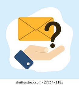 Esta ilustración muestra un sobre con una letra y un signo de interrogación, que simboliza un correo electrónico o consulta sin respuesta. Representa la Asistencia al cliente, los problemas de comunicación y las solicitudes de información. pregunta. signo de interrogación. pregunta. resuelve un problema.