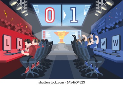 This illustration shows the eSports tournament. Cybersport arena with online game tournament in team vs team format. Vector illustration with a golden cup in the centre of the hall