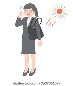 This illustration shows a female job seeker wiping away sweat in the intense summer heat. Useful for content related to job hunting, commuting in hot weather, or heatstroke prevention.