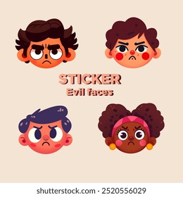 This illustration shows four "evil faces" in sticker style, featuring cartoonish, angry expressions. Each face has a different hairstyle and color scheme, with exaggerated frowns and furrowed eyebrows