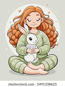 This illustration shows a girl with long wavy red hair sitting cross-legged, holding a white rabbit on her chest. Dressed in green pajamas with white polka dots, she looks relaxed with her eyes closed