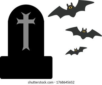 This illustration shows a grave and three bats