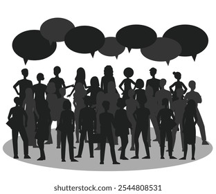 This illustration shows a group of silhouetted people with speech bubbles overhead, symbolizing collective communication or discourse. The anonymous crowd conveys unity, shared ideas, and a sense