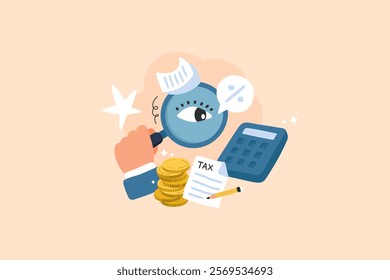 This illustration shows a hand with a magnifying glass examining financial documents, including tax forms, letters, and a calculator, symbolizing attention to detail in finance and accounting.