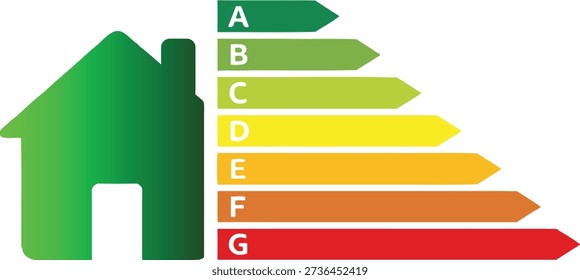 This illustration shows a house icon next to the recognized energy efficiency rating chart from A to G. It is ideal for topics on home performance and sustainability.