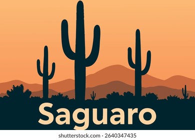 This illustration shows the iconic giant saguaro cacti in Saguaro National Park, set against the backdrop of desert mountains. 