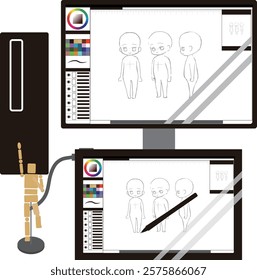 This illustration shows an image of a desktop PC and a liquid tab for digital illustration and cartooning.