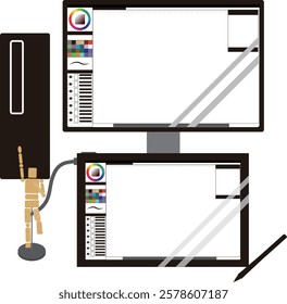 This illustration shows an image of a desktop PC and a liquid tab for digital illustration and cartooning.