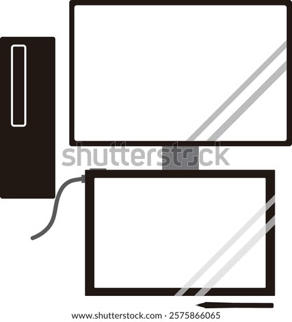 This illustration shows an image of a desktop PC and a liquid tab for digital illustration and cartooning.