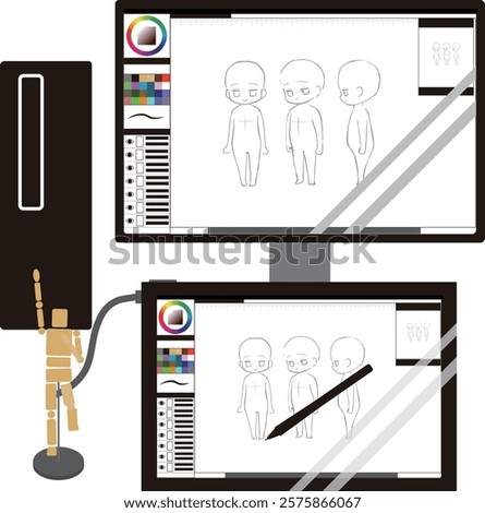 This illustration shows an image of a desktop PC and a liquid tab for digital illustration and cartooning.