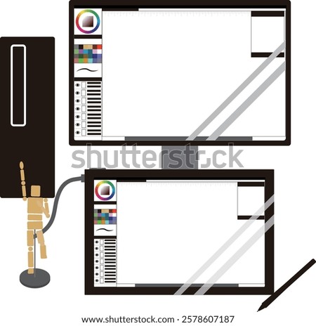 This illustration shows an image of a desktop PC and a liquid tab for digital illustration and cartooning.
