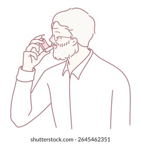 Esta ilustração mostra um homem usando efetivamente um inalador para ajudar a controlar e aliviar seus sintomas de asma