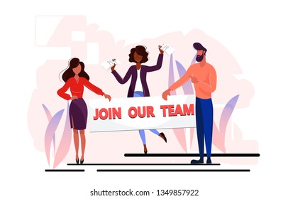 This illustration shows a man and two women, they are holding a banner that invites them to join their team