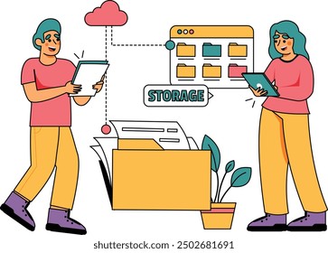 This illustration shows a man and woman organizing a file storage which is the pinnacle of dedication and collaboration as the team celebrates achieving a target.