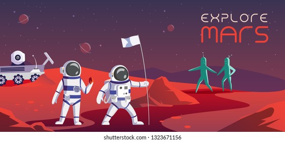 This illustration shows the Mars rover and two astronauts who are exploring the Red Planet, they meet aliens
