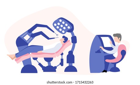 Esta ilustración muestra a un moderno robot dentista que trata dientes a un joven