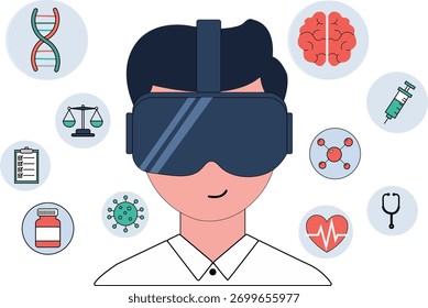 Essa ilustração mostra uma pessoa usando realidade virtual com símbolos médicos e científicos, sugerindo inovação na área de saúde