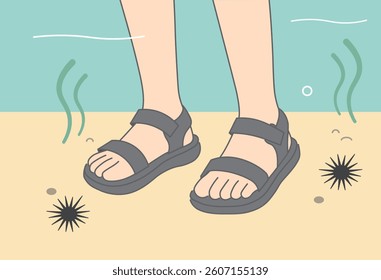 This illustration shows a person wearing sandals underwater to protect their feet from sea urchins and other marine hazards.