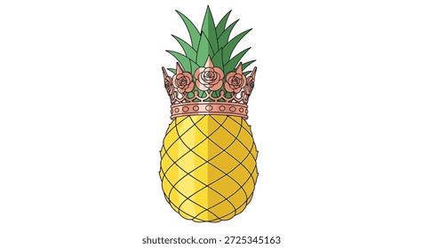 Esta ilustración muestra una piña con una corona de rosas, representando temas de verano y tropicales. Se puede utilizar para carteles, diseños de moda u otros proyectos creativos. Lo peculiar y fresco