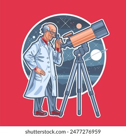 This illustration shows a professor, a dedicated scientist, with a telescope ready to explore the vastness of space.