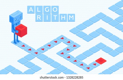 This illustration shows a robot holding a red cube. Before the robot is a maze. Only by following the pointers that symbolize the algorithms will he be able to deliver the cube to the right goal