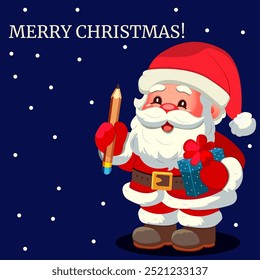 This illustration shows Santa Claus holding a pencil and a wrapped gift with a red bow. The background is a dark blue night sky with snowflakes, and the text "Merry Christmas!" appears in white at the