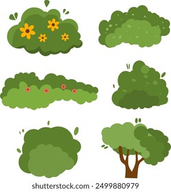 This illustration shows six green bushes and one small tree, varying in shape, color, and adorned with flowers.