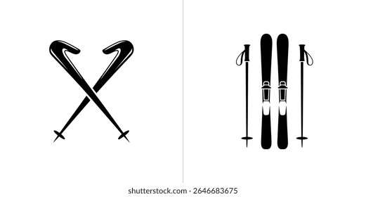 Esta ilustração mostra esquis com varas, e varas de esqui cruzadas em preto sobre um fundo branco. Simples e minimalista, perfeito para temas de esportes de inverno.