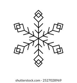 Diese Illustration zeigt eine stilisierte Schneeflocke mit acht Punkten, gerendert in einem minimalistischen linearen Schwarz-Weiß-Kunststil