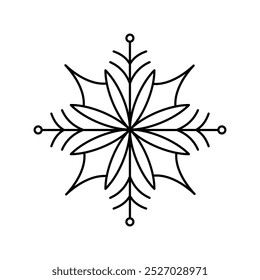 This illustration shows a stylized snowflake with eight points, rendered in a minimalist black and white linear art style