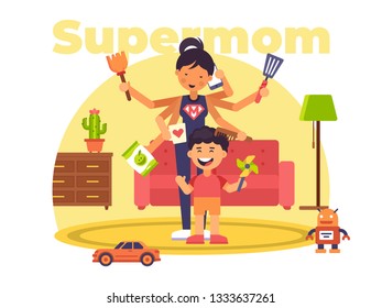 This illustration shows a supermom who can do several things at the same time: prepare food, tidy up in the apartment, talk on the phone, shop and comb her son's hair