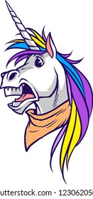 This illustration shows a surprised unicorn that wears an orange scarf. The long white horn, the mane full of colors like purple, yellow and blue make the unicorn to look wild. 