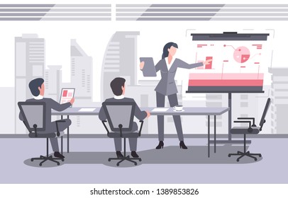 This illustration shows a technical workplace, two men sit at a table, a woman in a business suit holds a presentation, a large modern city can be seen in the windows of the office