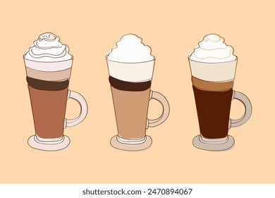 This illustration shows three coffee drinks with whipped cream on top. The drinks are in tall glasses with handles and are set against a pale orange background